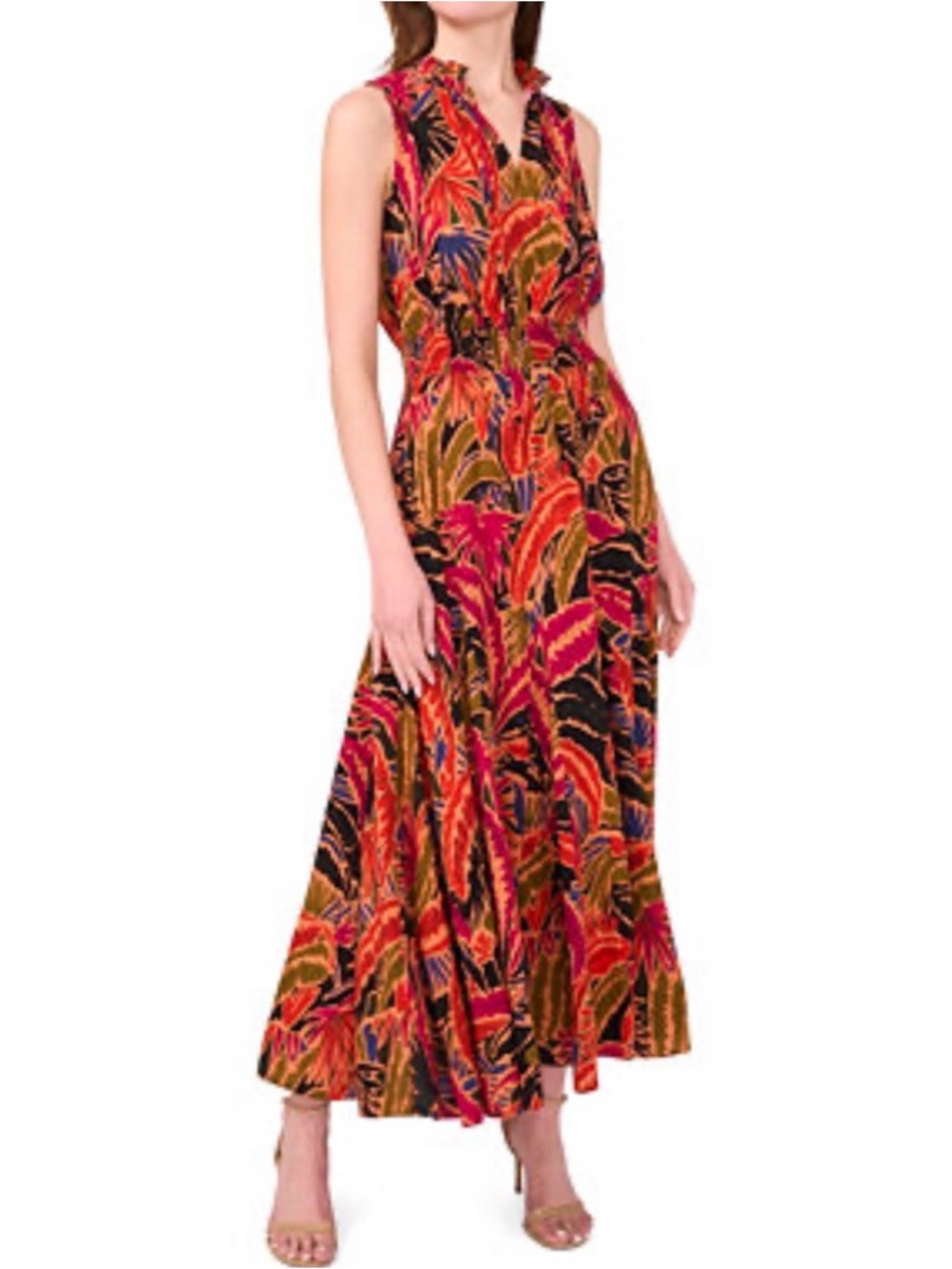 MSK Tropical Floral Print Split-Neck Tiered Maxi Dress Sz XL Vacation Summer NEW